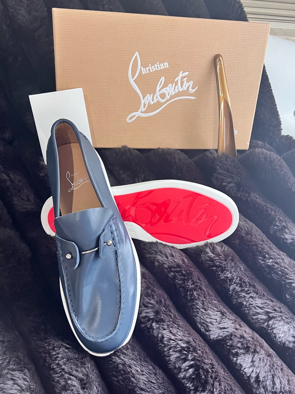 Christian Louboutin Navy Leather Loafers with Red Sole Mens 45 eru size 10-11 US